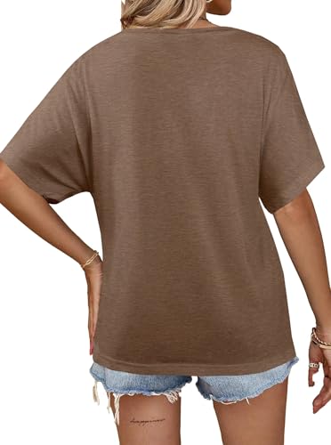 Image of Hilinker Womens Sexy Off The Shoulder Tops Short Batwing Sleeve T Shirt Oversized Casual Tee Coffee Brown Large