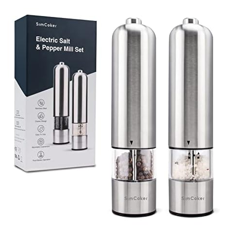 SimCoker Electric Salt and Pepper Grinder - Battery Operated Stainless Steel Pepper Mill with Light - Automatic One Handed Operation - Adjustable Coarseness - Ceramic Grinder - 2 Pack Cover