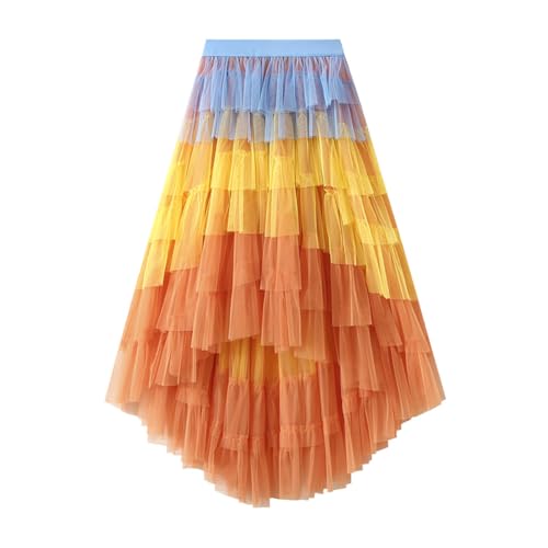 Women's Tulle Skirt A-Line High Low Asymmetrical Layered Midi Length Elastic Waist Tutu Skirts Hem A Line Mesh Skirts, Blue Orange