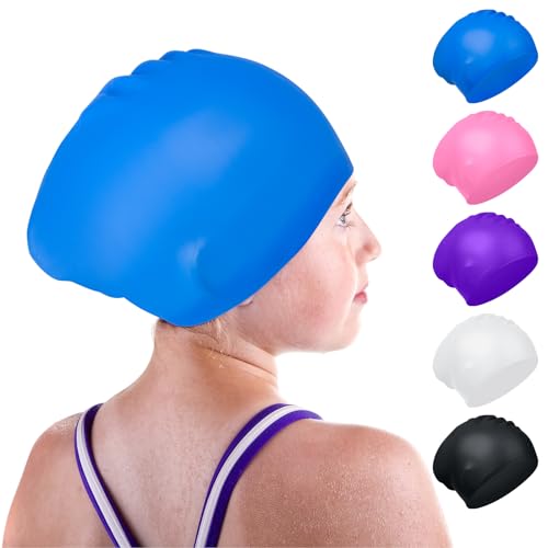 Waterproof Kids Swimming Cap, Silicone Kids Swim Caps for Boys and Girls, Stretchable and Comfortable Swimming Hats, Anti slip Swim Cap for Long Hair (Blue)