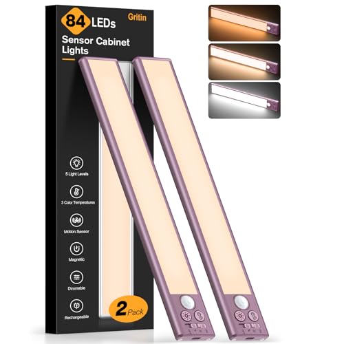 Gritin 10.2inch Under Cabinet Lighting Rechargeable 2 Pack- 3 Color Temps&5 Level Brightness, Super Bright, 4 Modes, Motion Sensor, Long Lasting - Easy Installation Magnetic Under Closet Lights-Mauve