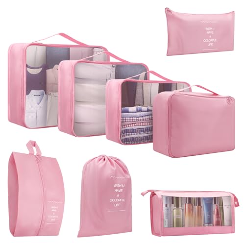 Estefanlo Packing Cubes 8 PCS Packing Cubes for Suitcases Travel Luggage Packing Organizers Waterproof Travel Storage Bags (Pink)