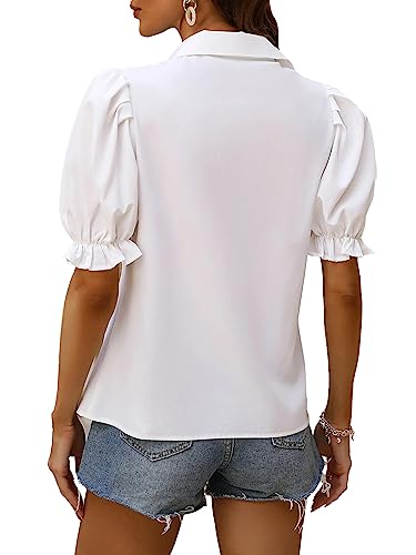 Vrtige Women's Button Down Collar V Neck Ruffle Puff Short Sleeve Blouse Shirt Top2