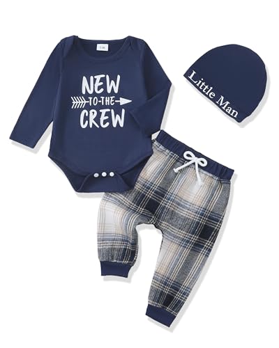 Image of Renotemy Newborn Baby Boy Fall Clothes, Long Sleeve Letter Printed Rompers Plaid Pants Hat Outfits Clothing Set 0-18 Months
