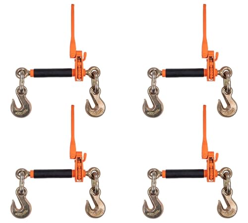 Image of Mytee Products 4 Pack 1 /2 inch - 5 /8 inch Hi-Viz Orange Quick Folding Handle Ratchet Load Binder with Grab Hook 18,100 lbs WLL | Tie Down Hauling Chain Binders for Flatbed Truck Trailer