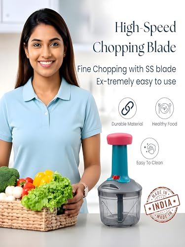 Image of iKAN Manual Hand Press Push Chopper with 3 Blades for Effortless Chopping Vegetables & Fruits (Assorted, 700 ml, Plastic)