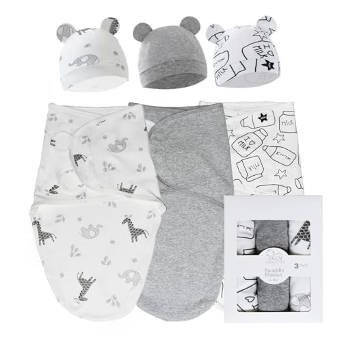 Image of Baby Swaddle Blankets with Hats for Infant Girls & Boys, Newborn Sleeping Sack with Hat, Promotes Soothing Sleep-Set of 3 (Grey Bliss)