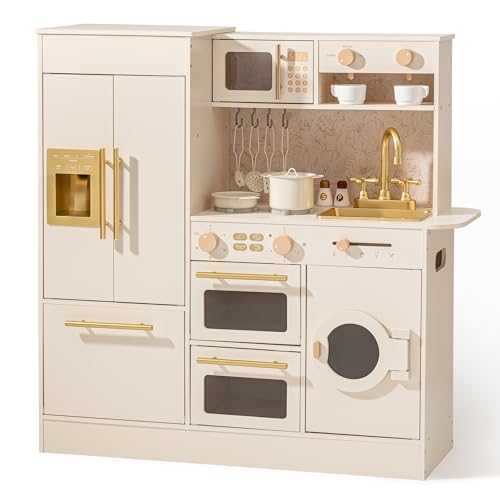 ROBOTIME Wooden Play Kitchen for Kids Toddler Kitchen Set with Refrigerator Dishwasher & Oven Beige Kitchen Playset with Gold Sink & Handles Toy Kitchen for Girls and Boys Ages 3