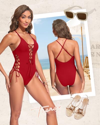 Image of Tempt Me Women Sexy Lace Up One Piece Swimsuit Deep Plunge V Neck High Cut Bathing Suits