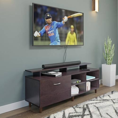 Image of VIKI Modern TV Unit for Living Room | Engineered Wood TV Cabinet with 1 Drawer Storage, 2 Open Shelves & Extension, SEntertainment Unit, 140W x 48H x 40D cm | DIY | 1 Year Warranty (Wenge)
