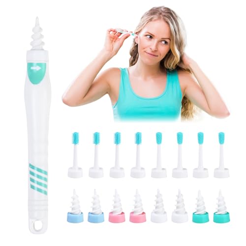 Limpiador de oídos 360° en espiral de silicona con 3 tipos de cabezales, removedor de cerumen para niños y adultos, seguro y suave con 16 recambios lavables