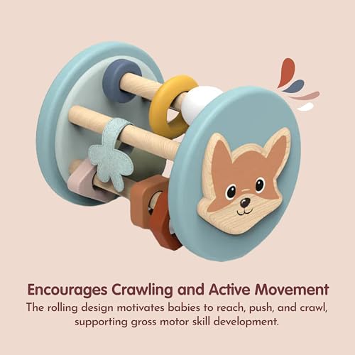Image of SPEEDY MONKEY Fox Roller Rattle Baby Toy | Wooden Animal Sensory Rolling Toy for Infants | Developmental Rattle for Crawling & Motor Skills | Early Learning Play for Babies & Newborns 6M+