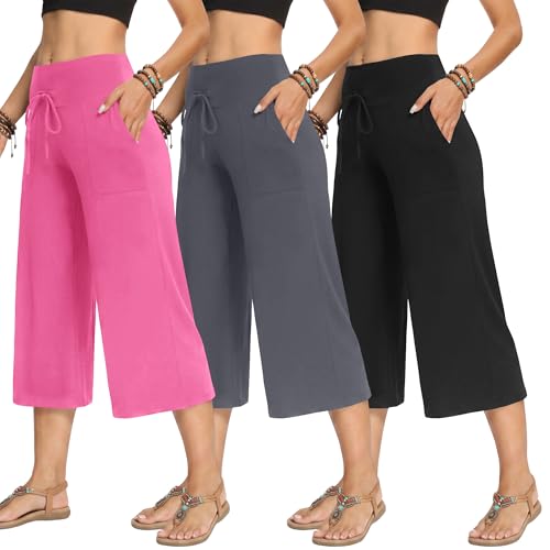 Image of TNNZEET 3 Pack Women's Wide Leg Pants with Pockets - Casual Loose Yoga Trouser Pants Sweatpants Palazzo Lounge Pajama Pants