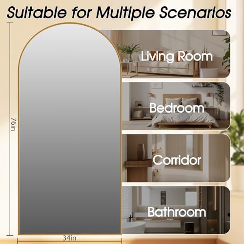 Image of 76 inchx34 inch Floor Mirror Full Length, Arched Full Length Mirror with Stand, Large Full Body Mirrors for Bedroom Living Room or Cloakroom Gold