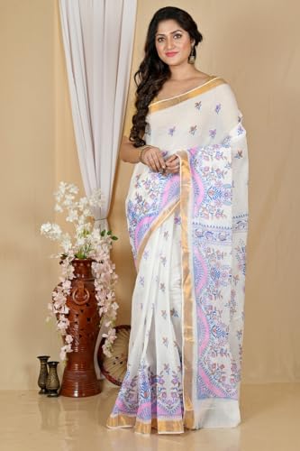 Image of eC ESHA'S COLLECTION Women's Kerala Cotton Floral Motif Printed Zari Bordered Tant Saree Without Blouse Piece