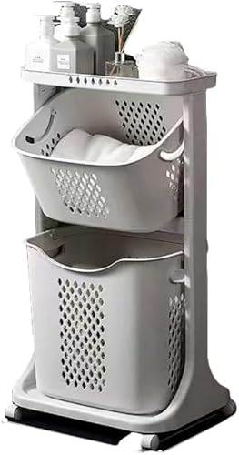 Rutexc ランドリー収納使い勝手の二段式洗濯物入れ 上の棚で小物を収納 下のバケツで洗濯物を整理 車輪付きで移動も簡単な収納アイテム