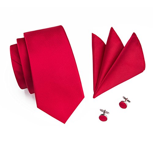 Dubulle Solid Red Ties For Men With Pocket Square Necktie And Cufflinks For Holiday #TOP2