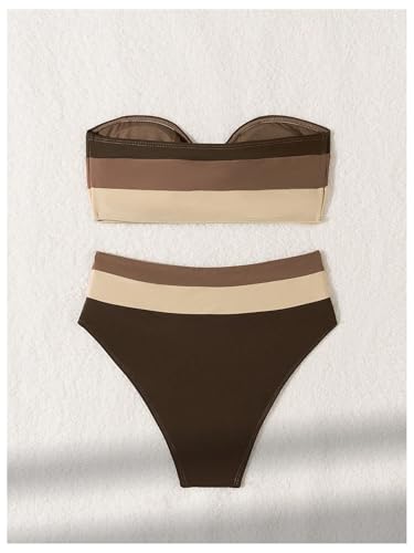 SweatyRocks Women's High Waisted Bikini Sets Color Block Strapless Bathing Suit Bandeau Swimsuits2