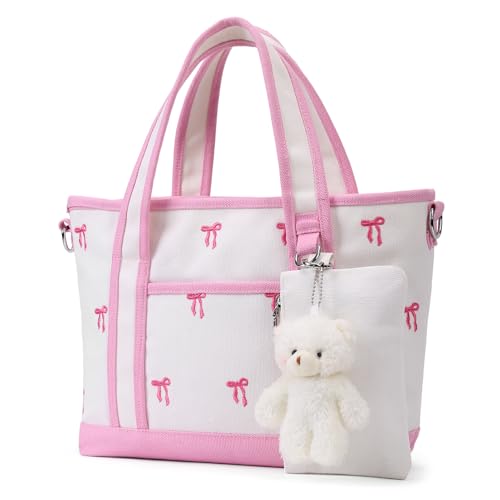 Bow Tote Bag for Women Cute Bow Purse Canvas Crossbody Handbag Aesthetic Bag with Bear Doll/Coin Purse