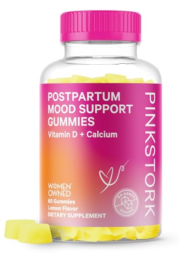 Image of Pink Stork Postpartum Mood Support Vitamin D Gummies - Natural Hormone Balance for Women with Postnatal Vitamin D3 and Calcium - Postpartum Essentials for Breastfeeding - 60 Lemon Drop Gummies