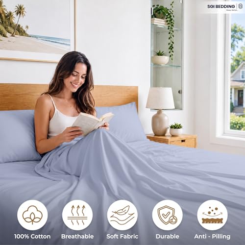 Image of SGI Split King Sheet Set for Adjustable Bed Egyptian Premium Cotton 600 Thread Count Sheets for Sleep Number Bed 15 inch Deep Pocket 5 Pc Set with 2 Twin XL Fitted Sheets Soft Breathable - Cornflower Blue