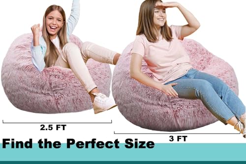 Image of Fluffy Bean Bag Chair, 3FT Round Memory Foam Filled Bean Bag for Teens & Kids, Ultra Soft Faux Fur Fabric Bean Bag Chairs for Playroom, Living Room, Bedroom,Pink