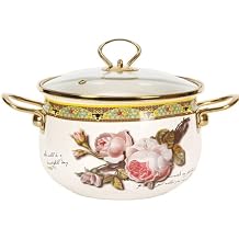 Enamel Simmer Pot with Lid,Nonstick Saucepan, Glass Lid, Flower Enamel on Steel Cooking Pot, Thicken Soup Pot with Handles for Induction Cookers and Stove, Soup Pot,26CM