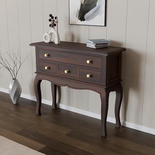 Image of WOODY Furniture Solid Wood Console Table for Living Room | Wooden Side Entrance Table for Home with 4 Drawers & Shelf Storage | Console Table for Bedroom (Walnut Finish)