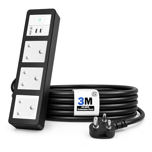Image of MX 35W Extension Board PD GaN Charger Super Fast Charging 2 Type-C, 3 Indian 16A Sockets (2600W) Multiport Desktop Power Strip for iPhone Android Laptop Tablet Charging Station 3M Cable
