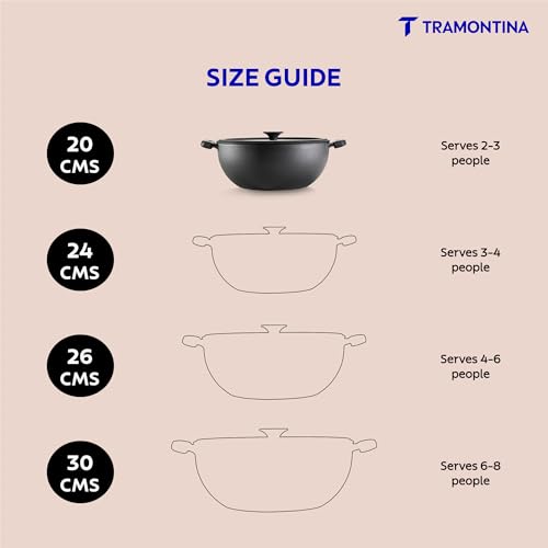 Image of TRAMONTINA TITANEX 20cm /2.3L Pre-Seasoned Heritage Cast Iron Deep Kadai with Toughened Glass Lid | Snap-On Silicone Grips | Kadhai for Curry | Gas /Induction Cookware | Life-Time Warranty