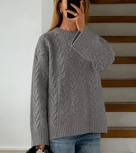 Okiwam Women's Oversized Sweaters Crewneck Cable Knit Pullover Casual Loose Fall Outfits Fashion Clothes 2025