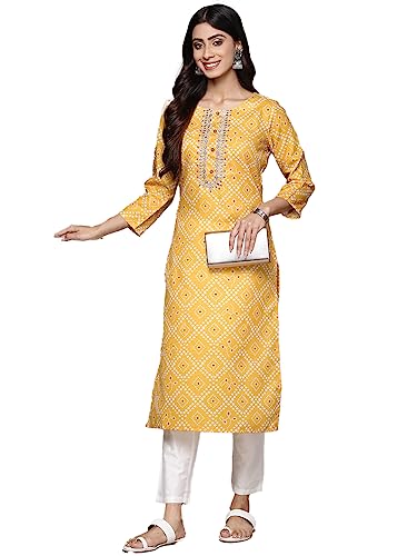 Image of ishin Women's Silk Ethnic Motifs Mustard Straight Kurta