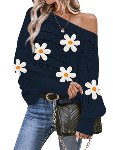 Image of Cakulo Womens Off Shoulder Sweater Top Fall Outfits Fashion 2025 Oversized Knit Batwing Long Sleeve Crochet Flower Sweaters