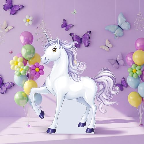 Image of Geelin 4.9 Feet Unicorn Cardboard Standup Cutout Life Size Unicorn Theme Party Decoration Backdrop Photo Prop Stand Up for Theme Birthday Baby Shower Wedding Party Decor