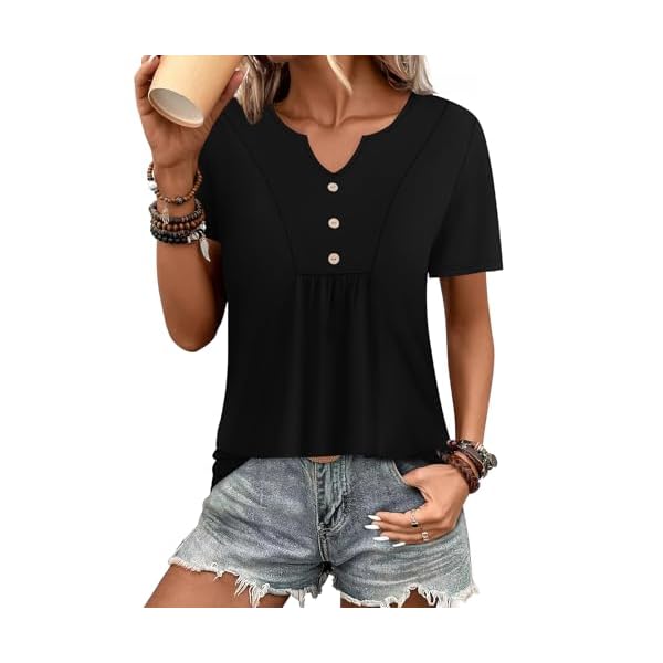 WIHOLL Women Summer Tops Short Sleeve Shirts V Neck Button Dressy Casual Pleated Blouses Fashion Outfits - Image 3
