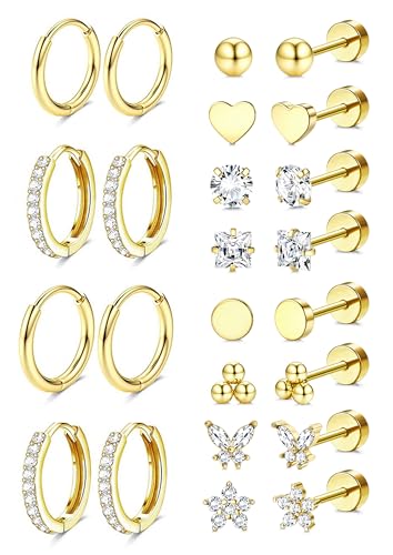 Jstyle Hypoallergenic 14K Gold Plated Flat Back Earrings for Women Men Surgical Stainless Steel...