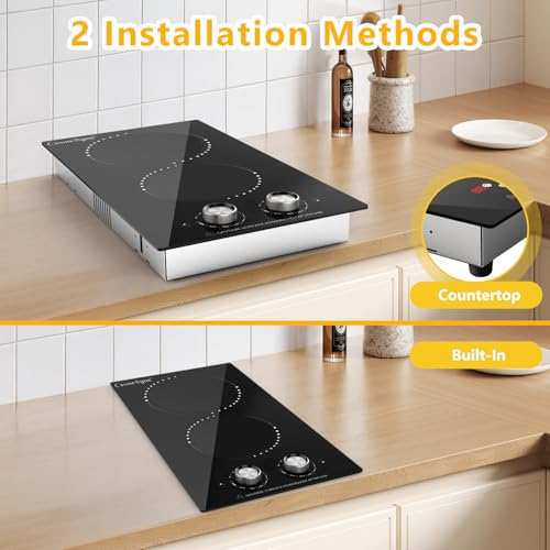 Image of 12 Inch 2 Burner Electric Cooktop, 110V Plug-In, 2000W | Ceramic glass cooktop with knob heat control for countertop or built-in use in compact kitchens and RVs