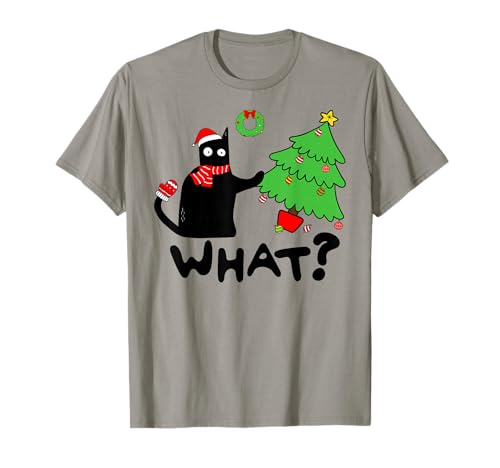 Funny Black Cat Pushing Christmas Tree Over Funny Cat What? T-Shirt