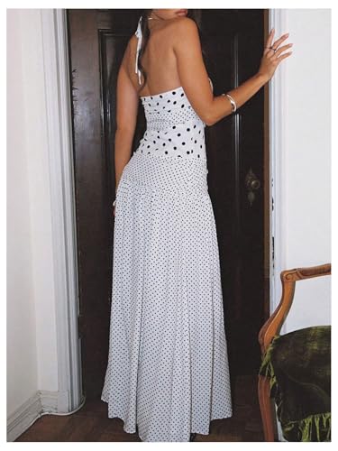 MakeMeChic Women's Polka Dots Halter Dress Tie Backless Summer Maxi Dresses2