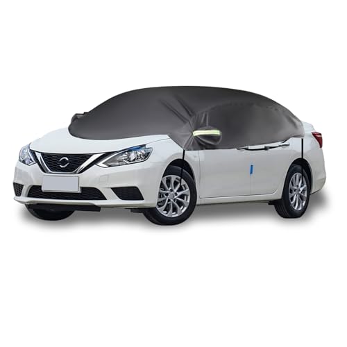 Image of Bilisin Half Car Cover for Sedan, Outdoor Heavy Duty 250D Fabric Sun Protection Cover Car Windshield Snow Covers, Waterproof Car Cover All Weather Universal Fit for Most Sedan Car（Black）
