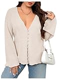 SOLY HUX Women's Button Down Deep V Neck Cardigan Sweater Long Sleeve Shirts Casual Fall Outerwear Solid Apricot X-Large Plus
