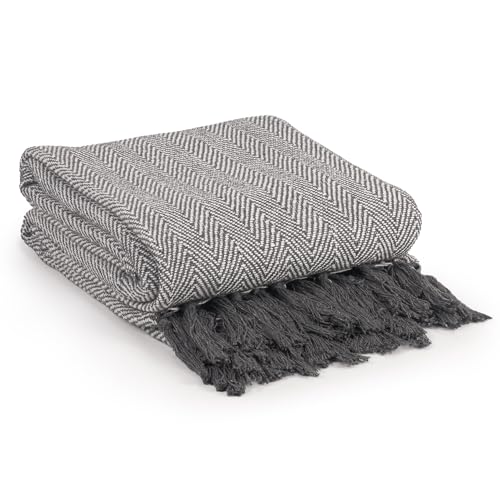 EHC Herringbone King Size 100% Cotton Throws for Sofa Bed Blanket Throw, 220 x 250 cm - Grey