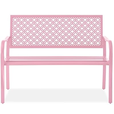 Best Choice Products Outdoor Bench 2-Person Metal Steel Benches Furniture for Garden, Patio, Porch, Entryway w/Geometric Backrest, 790lb Capacity - Pink