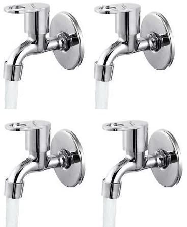 Spazio Prime Collection Bib Cock Tap Bathroom Tap Foam Flow Water with Wall Flange (Chrome Plated, Brass Disc, Pack of 4) Bib Tap Faucet (Wall Mount Installation Type)