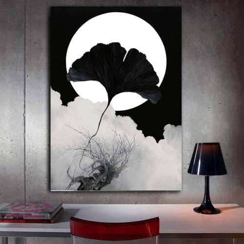 Poster Ginkgo Noir et Blanc 70x100cm Toile Moderne Lumineuse pour Salon