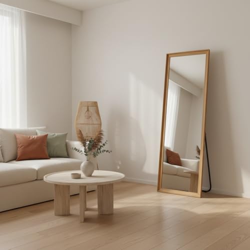Image of APRODZ Full Length Mirror with Wooden Frame | 65x22 Inch Floor Standing Full Body Mirror | HD Large Dressing Mirror with Stand & Wall Hanging Option for Bedroom, Living Room & Studio