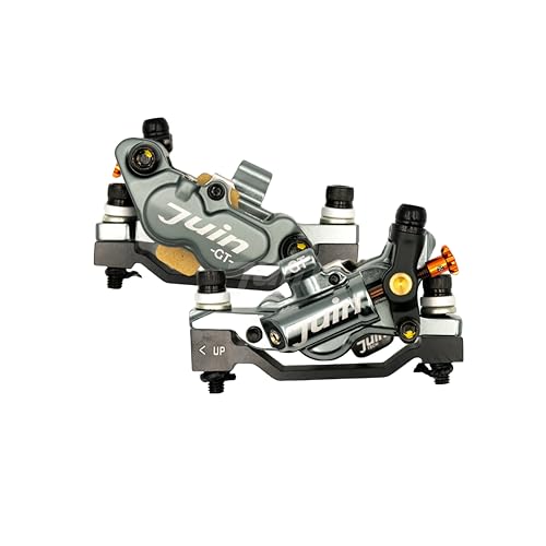 Juin JuinTECH GTP-4 4-Piston Hybrid Hydraulic Disc Brake Calipers – Front & Rear Set (2 Calipers, No Rotor), Post Mount/ISO, Cable-Actuated for Mechanical Road Levers (Grey)