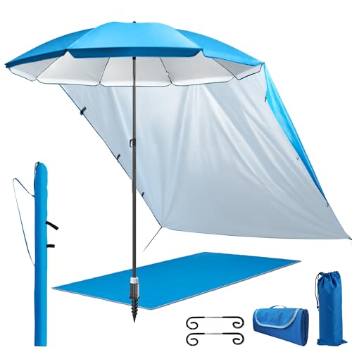4smile Sonnenschirm Strand 5er-Set Blau – UV50+-Schutz, Ø 200 cm, mit großer Stranddecke (1,5 x 2 m), praktischem Sonnensegel Strand, Schirmständer Erdspieß & robuster Schirmhülle