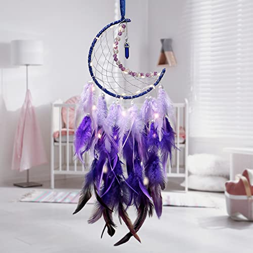 Moon Dream Catcher with Fairy Lights Indian Dreamcatcher Kids Bedroom Accessories Purple Feather Lucky Turquoise Pendant Wall Hanging Decoration for Home Bedroom - Image 3