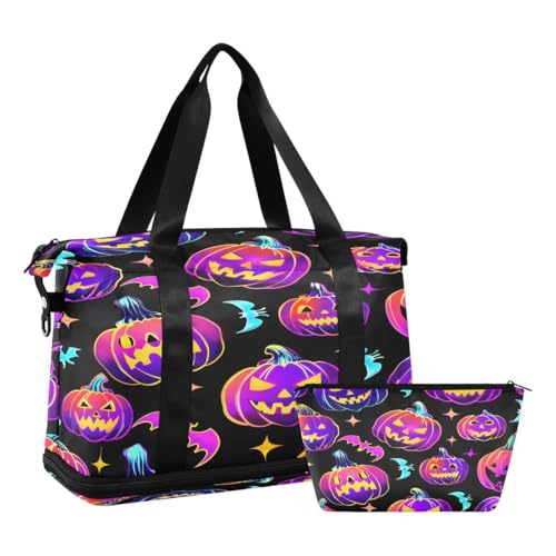ALAZA Blue Pumpkin Bat Duffel Bag with Shoe Compartment Tote Bag Weekender Overnight Bag with Wet Pocket for Travel,Gym,Yoga,Swimming